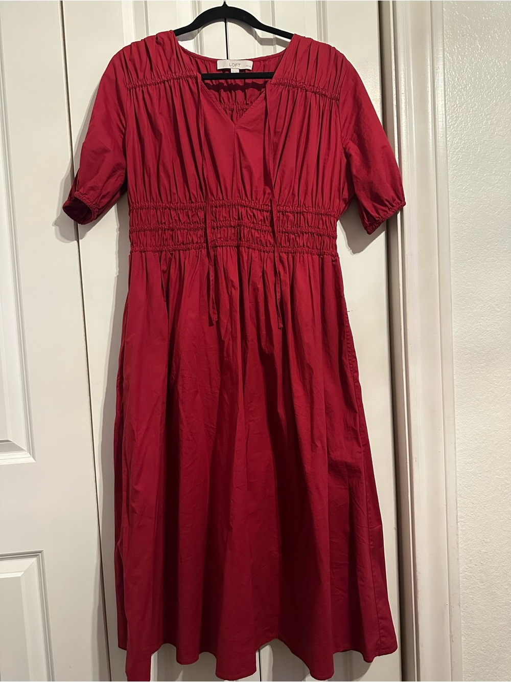 LOFT Red Smocked-Waist Midi Dress
